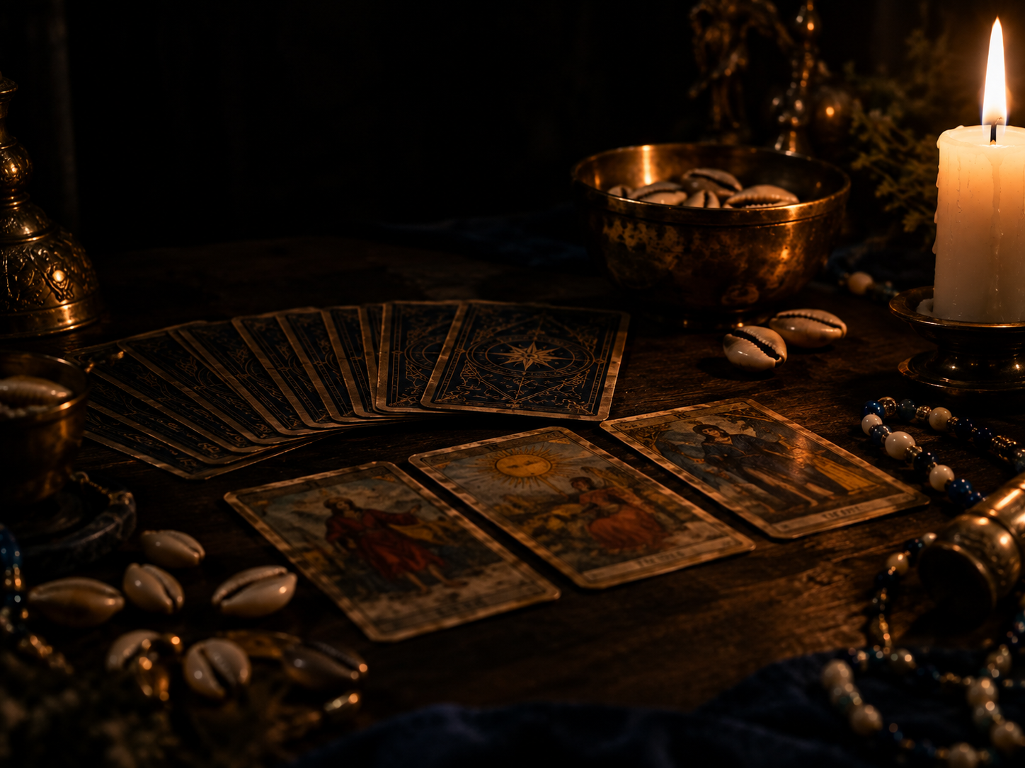 Cartas de tarô e búzios sobre mesa iluminada por velas