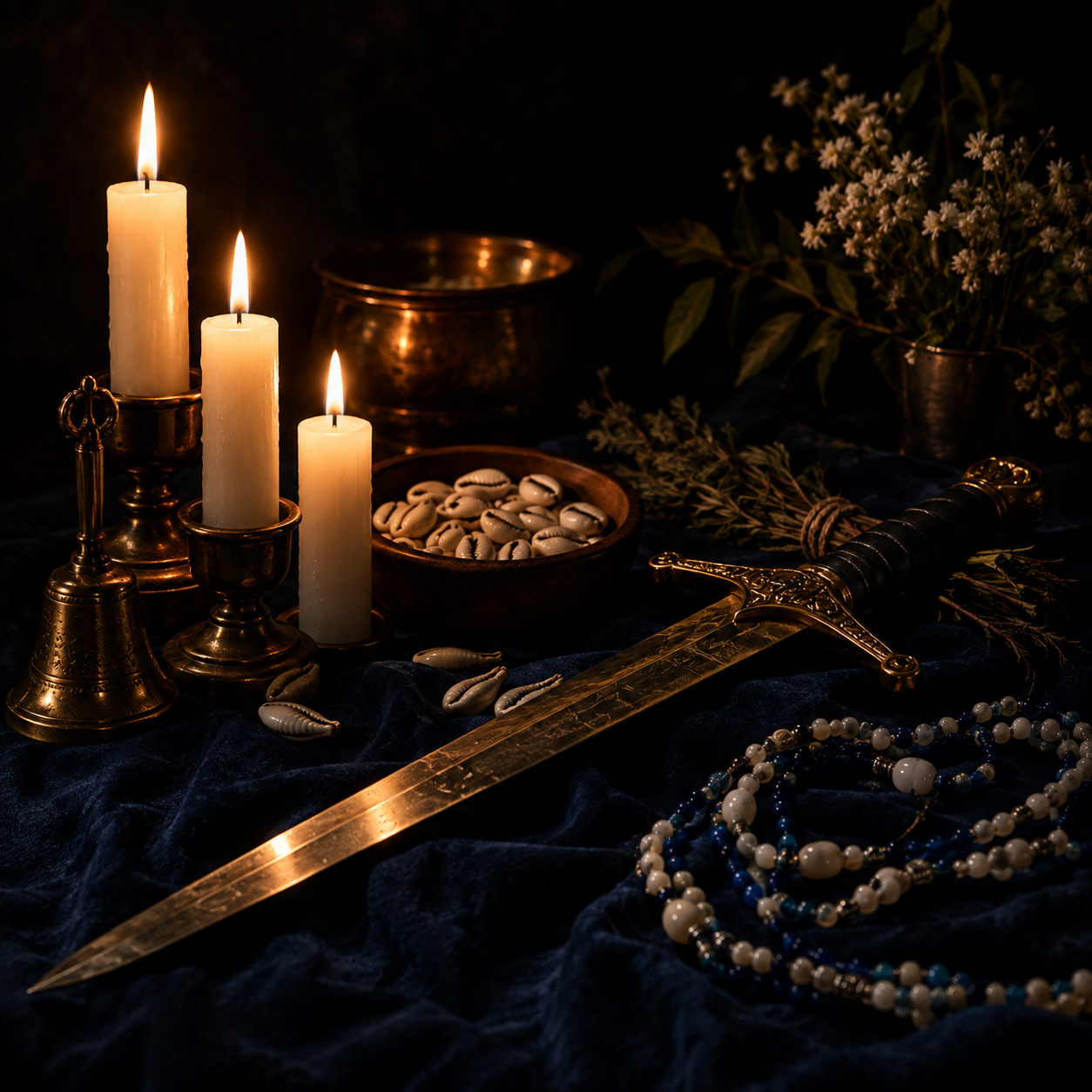 Objetos rituais e espada dourada sobre tecido azul, iluminados por luz quente